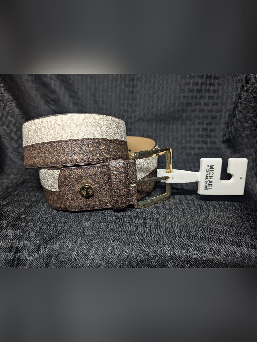 Women's Chocolate and Cream 2 inch Leather  MK Michael Kors Belt Size Medium.